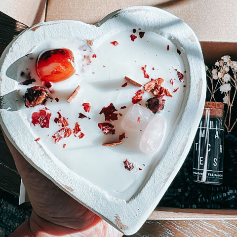 Wooden Heart Dough Bowl Candle With Matches